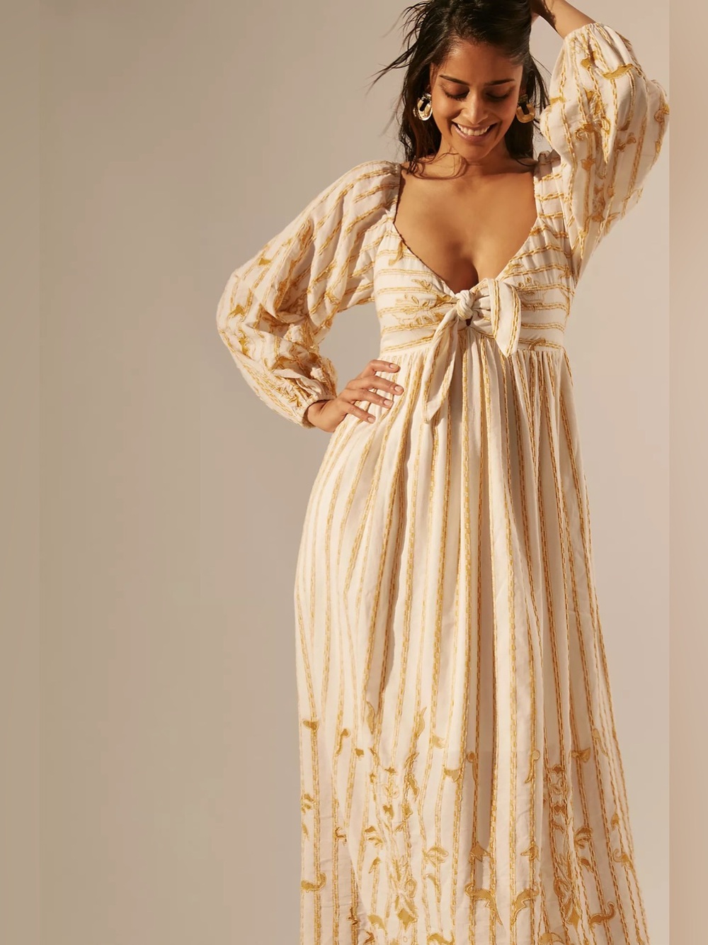 Anthropologie Tie-Front Embroidered Midi Dress XS